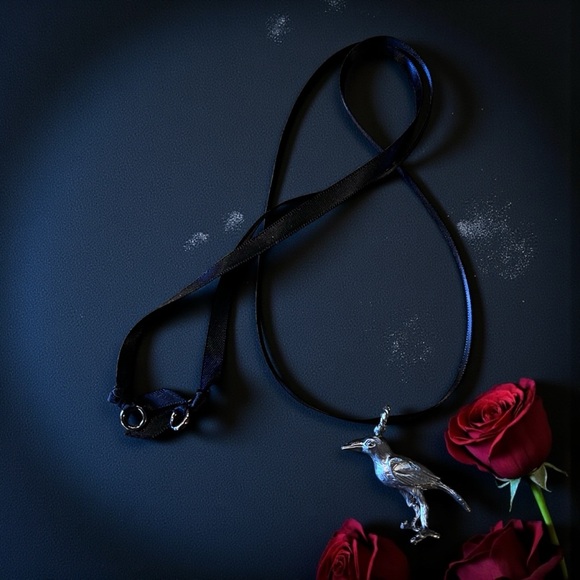 Raven Pendant Satin Ribbon Choker Necklace Enchanting Whimsical Gothic - Picture 5 of 17